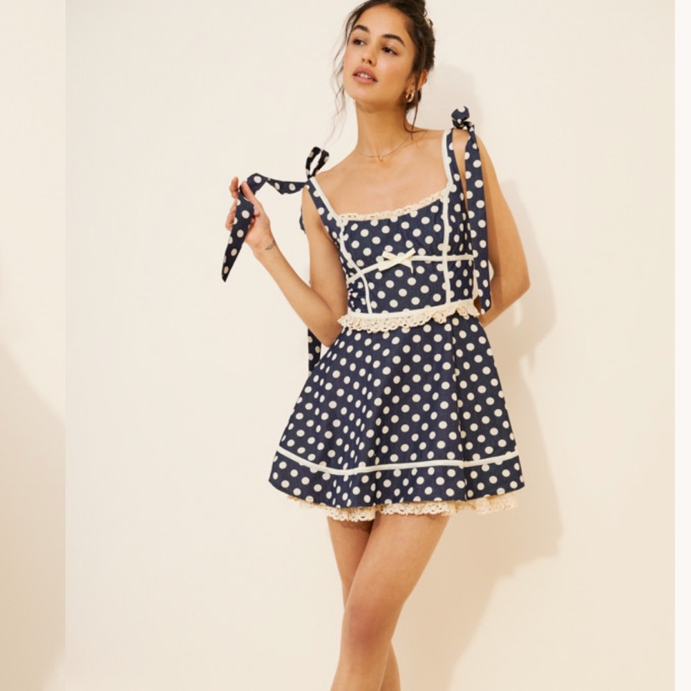 For Love and Lemons Dolly Denim Navy Polka Dot Dress - Picture 3 of 9